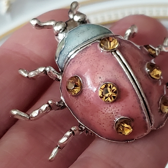 Ladybug dome brooch pin enamel crystals silver sparkly New vtg style - Picture 2 of 15